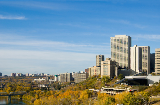A colorful autumn view down the Edmonton river valley looking west towards the Convention Center.