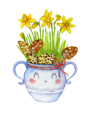 Easter card. Watercolor bright illustration of narcissus, eggs, feathers in the cute cup. For the cards, prints, posters, textil etc. Spring flowers bouquet. Happy Easter day!