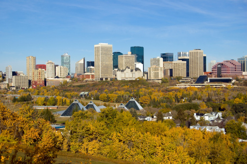 The colorful river valley,conservatorries, and the impressive skyline of Edmonton in October.