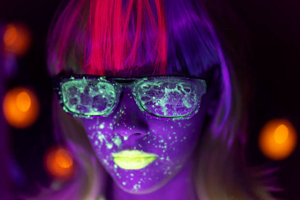istock Woman with fluorescent makeup powder on face and colored sunglasses 1209250770