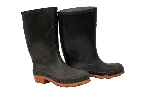 A pair of rubber boots used for gardening, farming, construction, and other outside wear. Isolated with a clipping path on a transparent background.