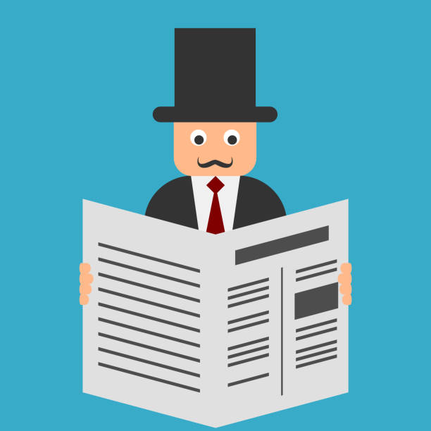 A man with a hat and mustaches is reading newspapers. Funny retro character in a suit. Being informed, business news, concept. Old man holding newspapers. Vector illustration, flat style, clip art. 1930s style men image created 1920s old fashioned stock illustrations