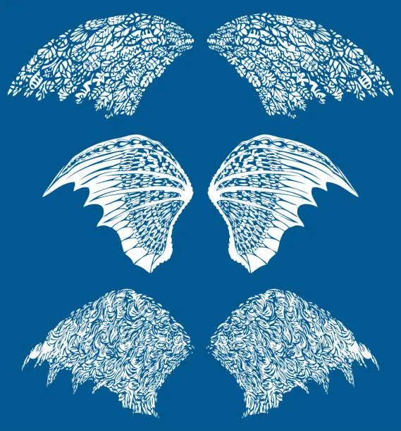 Vector illustration of Vector image of silhouettes various decorative fantasy wings