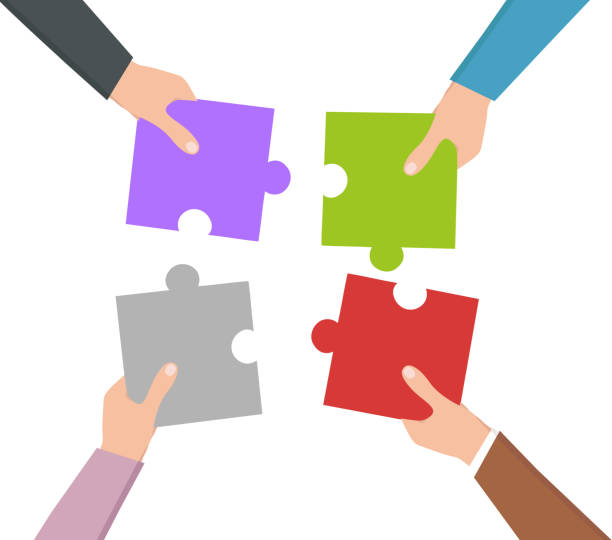 illustrations, cliparts, dessins animés et icônes de working together puzzle hands, concept de travail d’équipe. - quatre personnes