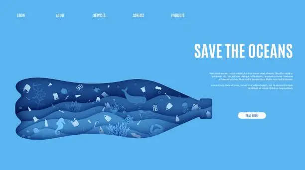 Vector illustration of Web page stop ocean plastic pollution banner design template in paper cut style. Underwater view through the bottle silhouette. Seabed reef and fish in waves Vector World Water Day website concept.