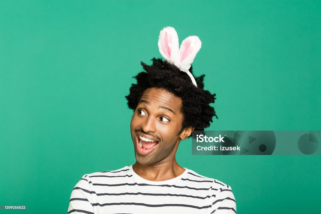 Green portrait of excited young man with rabbit ears headband Easter concept. Headshot of funky afro american young man wearing rabbit ears headband, looking away. Studio portrait on green background. Costume Rabbit Ears Stock Photo