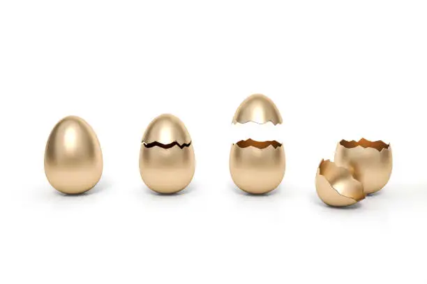 One is intact, the second is broken, the third and forth golden eggs are open on white background 3d rendering. 3d illustration luxury easter eggs holiday card template minimal concept.
