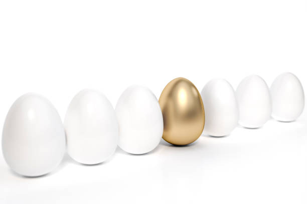 istock Golden egg in row of the white eggs soft focus on white background 3d rendering. 3d illustration idea and luxury of happy easter eggs holiday card template minimal concept. 1209255692