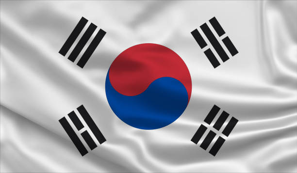 ondulant des drapeaux du monde. soie, texture satinée. illustration 3d. - south korea south korean flag korea flag photos et images de collection