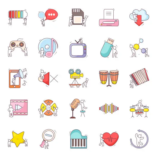 Vector illustration of Multimedia Doodle Icons Vectors Pack