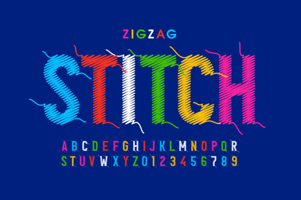 Zigzag stitch style font Zigzag stitch style font design, alphabet letters and numbers vector illustration Stitch stock illustrations