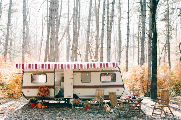istock trailer-house on wheels stopped in a pine forest in the autumn in the rays of the setting sun 1209257607