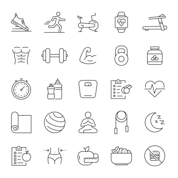 Vector illustration of Set of Fitness, Gym and Healthy Lifestyle Related Line Icons. Editable Stroke. Simple Outline Icons.