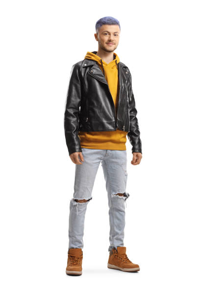 istock Guy with blue hair wearing jeans and leather jacket 1209258331