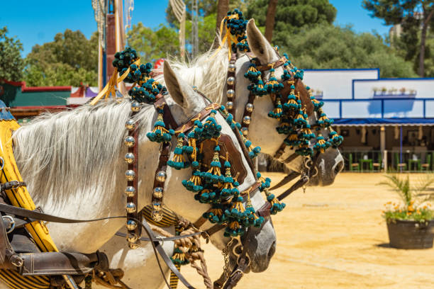 istock 2 muzzle of horses festively decorated with green tassels and silver bells, side view. 1209259075