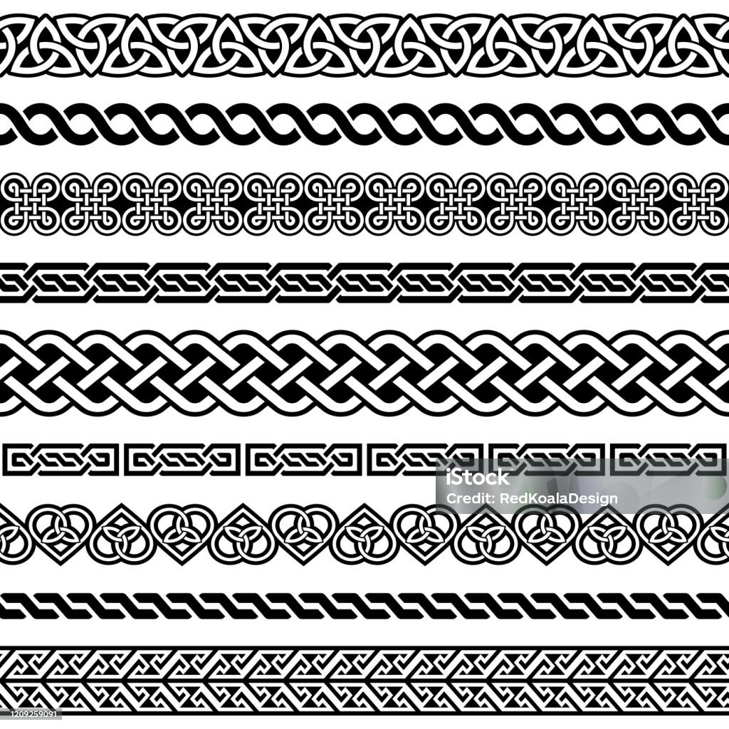Irish Celtic vector semaless border pattern  set, braided frame designs for greeting cards, St Patrick's Day celebration Retro Celtic collection of braided ornaments in black and white, traditional ornaments from Ireland Ireland stock vector