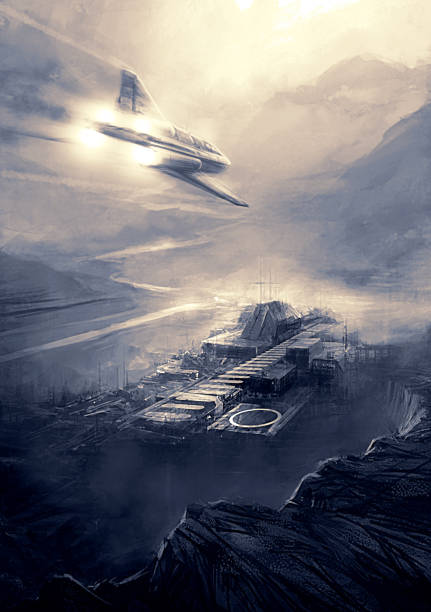 istock science fiction scene - futuristic jet plane flying over fortress 1209259866