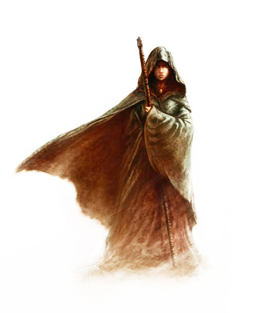 Fantasy young witch - beautiful woman with cloak and hood holding a magic staff Fantasy young witch - beautiful woman with cloak and hood holding a magic staff, on white background (painting, fictional character) hood stock illustrations