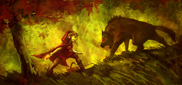 Little Red Riding Hood Fighting With A Wolf In The Forest Funny Color  Painting Stock Illustration - Download Image Now - iStock