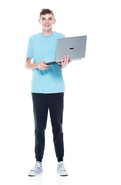 istock Caucasian boys in front of white background and using laptop 1209263669