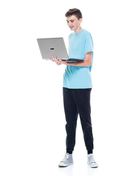 istock Caucasian young male in front of white background and using laptop 1209263697
