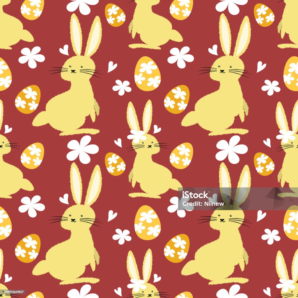Red Easter Pattern Happy Easter Seamless Pattern Design Of Cute Rabbits With Flowers Tiny ...