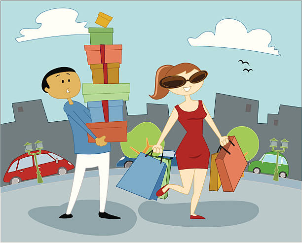 Women and Shopping 1 Illustration of a happy woman doing shopping while her poor man is carrying all the shopping bags. background of the cool guy wearing sunglasses stock illustrations