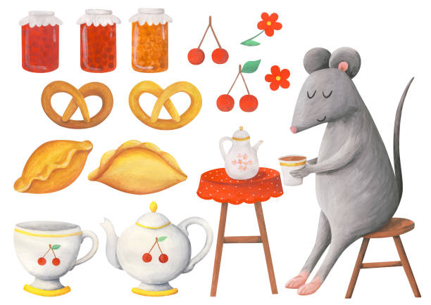 ilustraciones, imágenes clip art, dibujos animados e iconos de stock de el ratón bebe té. conjunto de ilustraciones de gouache lindo - flower cherry cup tea