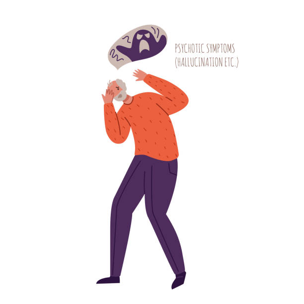 old people with dementia symptoms Alzheimer's or Parkinson's disease old people with dementia symptoms, scared aged senior man with mental problems, hallucinations, fear, delirium and psychosis - vector isolated person on white cirque de soleil stock illustrations