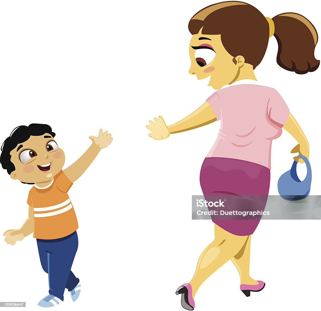 Bye Mum A cheerful child saying goodbye to his mum. Adult stock vector