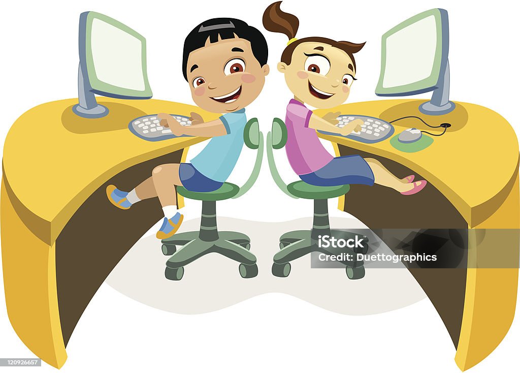 Children & Technology 2 2 kids enjoying a computer lesson. Activity stock vector