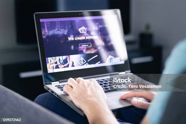 Website Graphic Design Web Designer Developer Or Programmer Working On A Responsive Www Site Interface Ui And Ux Online Marketing Homepage Of A Startup Business Webpage Stock Photo - Download Image Now