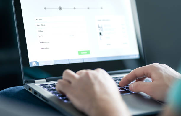 Information form to shop online, order product or buy service. Personal info in survey or questionnaire. Registration, application reservation on web site. Information form to shop online, order product or buy service. Personal info in survey or questionnaire. Registration, application reservation on web site. Person typing with laptop. GDPR and security types of loans stock pictures, royalty-free photos & images