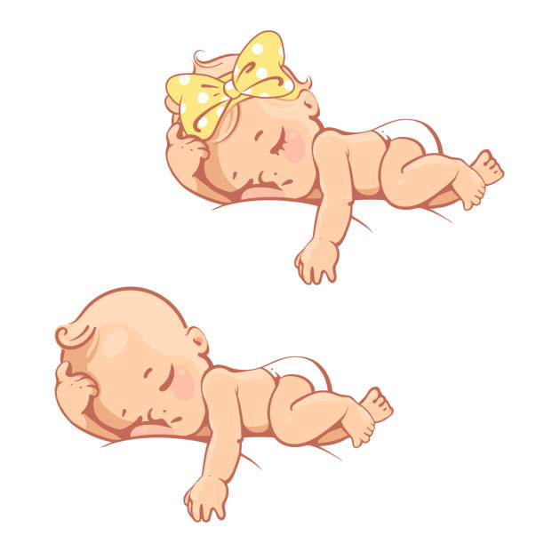 Cute little baby girl, boy sleeping. Newborn baby. Child of age from 0 months to 6 sleeping on stomach, smiling. First year of child. Healthy baby sleep. Color vector illustration, icon isolated. stomach knot stock illustrations