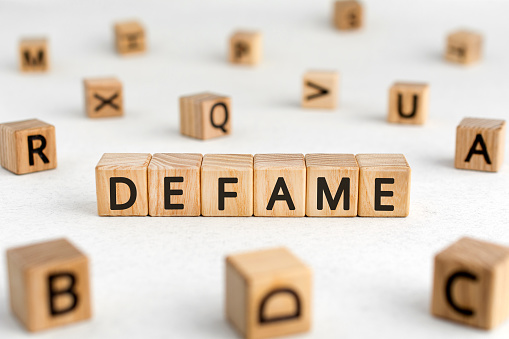 Defame - words from wooden blocks with letters, damage the good reputation defame concept, white background