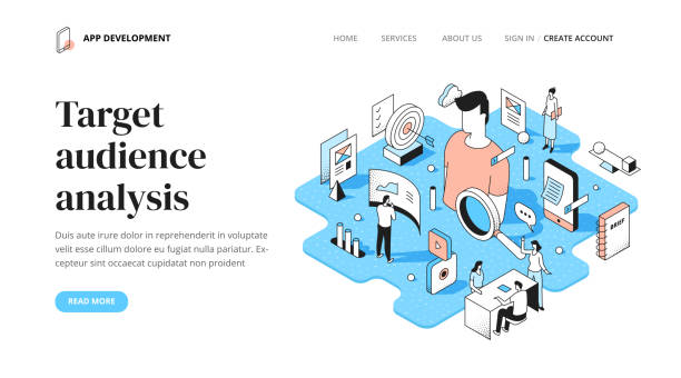Target Audience Analysis Isometric Concept Finding and analyzing the target audience in the app development process. Gathering user's data & market research. Isometric outline spot illustration for landing page, web or printed materials target market stock illustrations