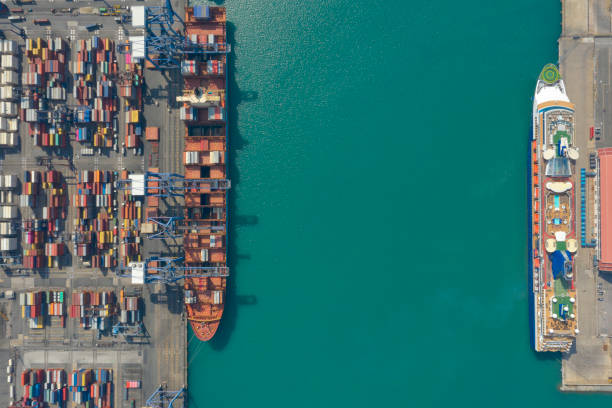 istock Container ship in export and import business and logistics. Shipping cargo to harbor by crane. Water transport International. Aerial view and top view. 1209276764