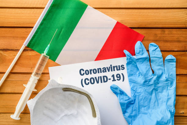 Coronavirus in Italy Flag of Italy,, vaccine, face mask for virus, glove and paper sheet with words Coronavirus COVID-19 antibiotic resistant photos stock pictures, royalty-free photos & images