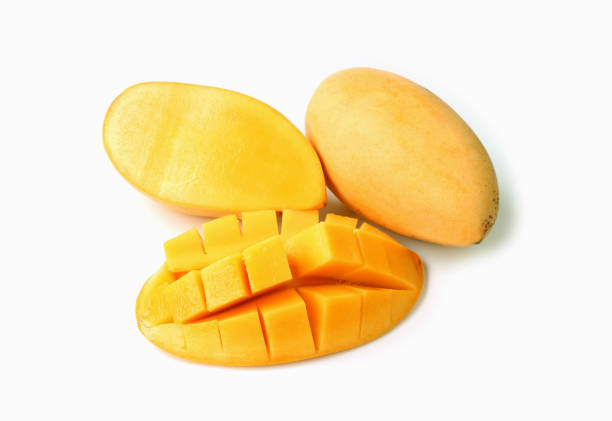 istock Fresh Ripe Thai Mango Cut in Half and Crosswise Cut with a Whole Fruit on White Background 1209277636