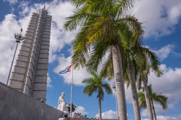 Havana, Cuba - January 19, 2016: Perspective view of the memorial to Jose Marti among palm trees near the Plaza de la Revolución