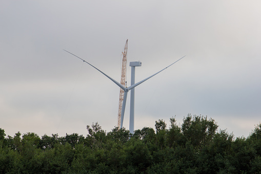 Construction crane putting the blades onto a new wind turbine.