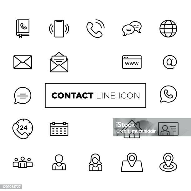 Contact Line Icons For Mobile And Web Stock Illustration - Download Image Now - Icon Symbol, Famous Place, Connection