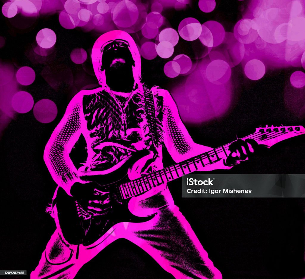 Cool Rock Guitarist Playing The Electric Guitar With Retouchedaltered  Guitar Headstock On The Backdrop Of Purple Lights Musician With An  Instrument Performing On A Stage Stock Photo - Download Image Now - iStock