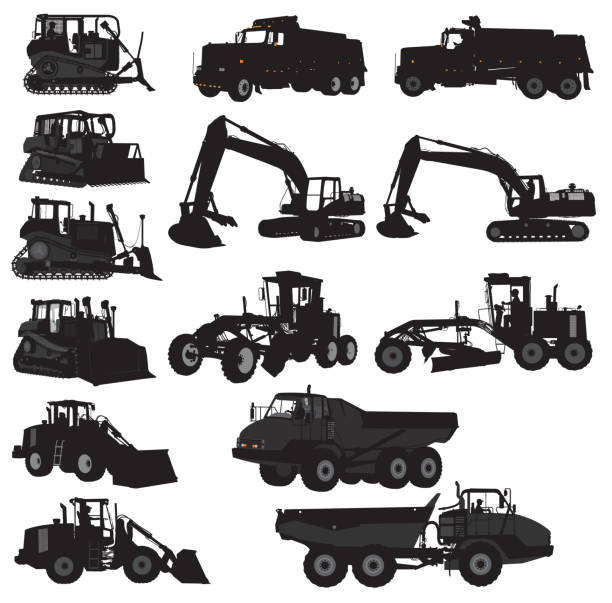 illustrazioni stock, clip art, cartoni animati e icone di tendenza di set di veicoli da costruzione - bulldozer, dump truck, auger - earth mover bulldozer construction scoop