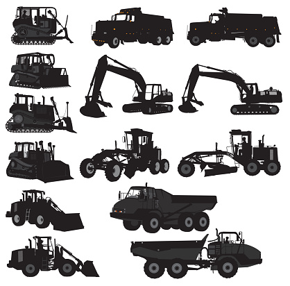 Silhouette illustrations of various construction vehicles. Bulldozer, construction machinery, earth mover. grouped for easy edits.