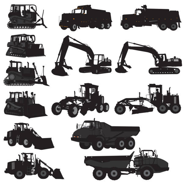 Construction Vehicle Set - Bulldozer, Dump truck, Auger Silhouette illustrations of various construction vehicles. Bulldozer, construction machinery, earth mover. grouped for easy edits. construction truck bulldozer wheel stock illustrations