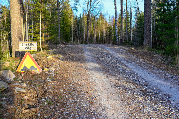 istock sign saying private road and bumpy road in swedish 1209284147