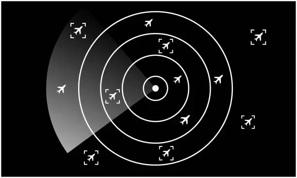 Vector illustration of Black Radar Monitor. Air Traffic Control Radar screen