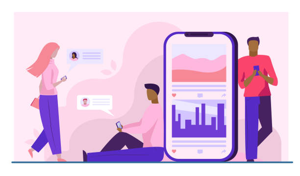 Smartphone users chatting online Smartphone users chatting online. Users checking out social media posts flat vector illustration. Addiction, internet, communication concept for banner, website design or landing web page feeding stock illustrations