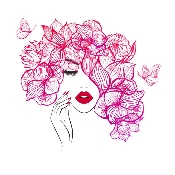 piękna kobieta twarz czerwone usta, ręka z czerwonym manicure paznokcie. logo urody. ilustracja wektorowa, kwiaty diadem, motyle, motyw kwiatowy, abstrakcyjne kwiaty, salon spa, znak, symbol, studio paznokci. - hair flower stock illustrations